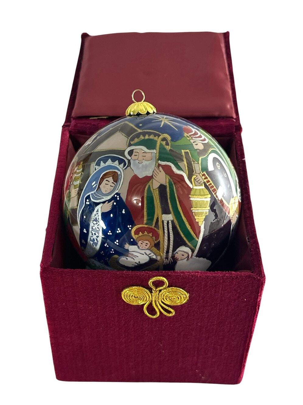 Pier 1 Imports 2002 Nativity Manger Scene Christmas Glass Ball Ornament 4" Boxed